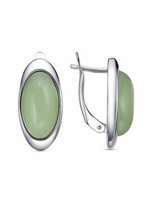 Серьги бижутерия, покрытие - платинирование, вставка - искусственный нефрит