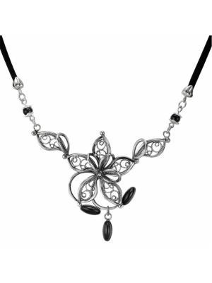 Колье бижутерия, покрытие - серебрение с оксидированием, вставка - искусственный агат, стекло ювелирное собственной огранки