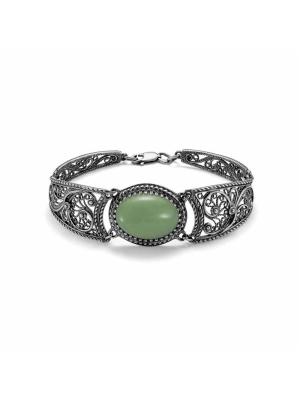 Браслет бижутерия, покрытие - серебрение с оксидированием, вставка - искусственный нефрит