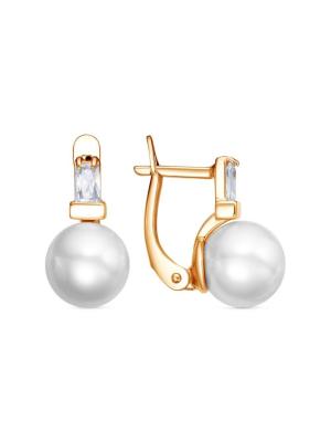 Серьги серебро 925 пробы, покрытие - золочение, вставка - имитация жемчуга, фианит (недрагоценный камень)