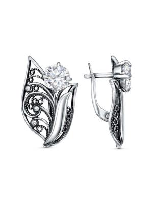 Серьги бижутерия, покрытие - серебрение с оксидированием, вставка - фианит (недрагоценный камень)