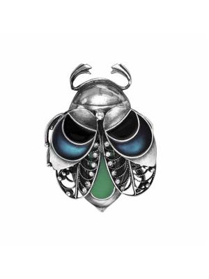 Брошь бижутерия, покрытие - серебрение с оксидированием, отделка - эмаль, вставка - стекло ювелирное preciosa