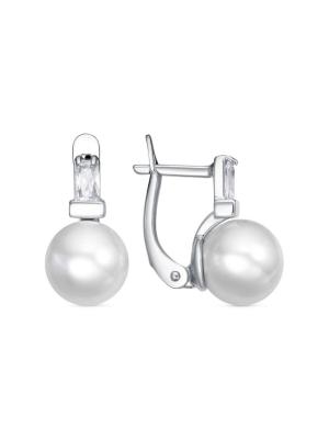 Серьги серебро 925 пробы, покрытие - родирование, вставка - имитация жемчуга, фианит (недрагоценный камень)