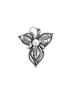 Брошь бижутерия, покрытие - серебрение с оксидированием, вставка - культивированный жемчуг