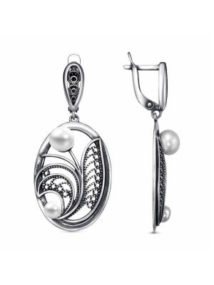 Серьги бижутерия, покрытие - серебрение с оксидированием, вставка - культивированный жемчуг