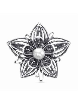 Брошь серебро 925 пробы, покрытие - оксидирование, вставка - имитация жемчуга