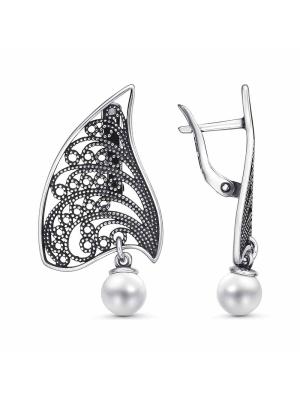 Серьги серебро 925 пробы, покрытие - оксидирование, вставка - имитация жемчуга