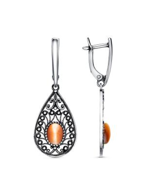 Серьги бижутерия, покрытие - серебрение с оксидированием, вставка - искусственный кошачий глаз