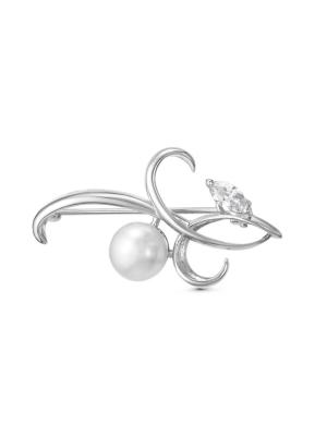 Брошь серебро 925 пробы, покрытие - родирование, вставка - культивированный жемчуг, фианит (недрагоценный камень)