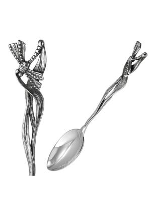Ложка чайная "стрекоза" бижутерия, покрытие - серебрение с оксидированием, без вставок