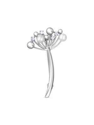 Брошь серебро 925 пробы, покрытие - платинирование, вставка - культивированный жемчуг, фианит (недрагоценный камень)