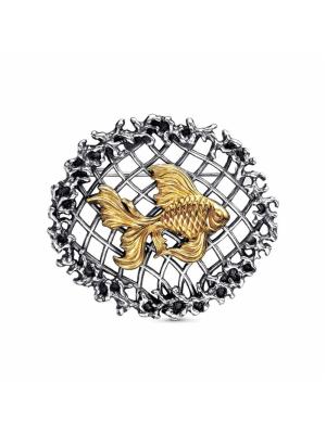 Брошь бижутерия, покрытие - серебрение с оксидированием, выборочное золочение, без вставок