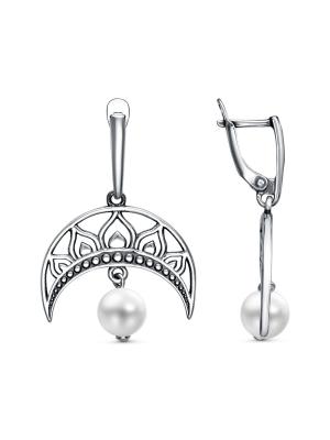 Серьги бижутерия, покрытие - серебрение с оксидированием, вставка - имитация жемчуга