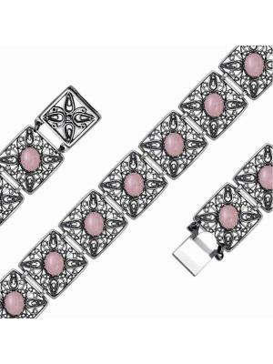 Браслет бижутерия, покрытие - серебрение с оксидированием, вставка - искусственный кварц розовый