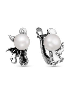 Серьги бижутерия, покрытие - серебрение с оксидированием, отделка - эмаль, вставка - культивированный жемчуг