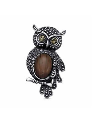 Брошь бижутерия, покрытие - серебрение с оксидированием, вставка - стекло ювелирное preciosa, яшма