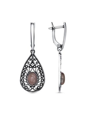 Серьги бижутерия, покрытие - серебрение с оксидированием, вставка - искусственный кошачий глаз