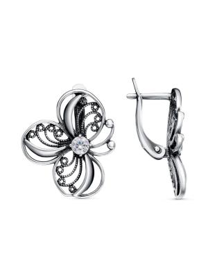 Серьги серебро 925 пробы, покрытие - оксидирование, вставка - фианит (недрагоценный камень)