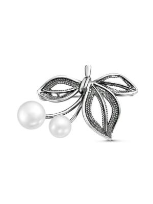 Брошь серебро 925 пробы, покрытие - оксидирование, вставка - культивированный жемчуг
