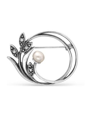 Брошь бижутерия, покрытие - серебрение с оксидированием, вставка - культивированный жемчуг, стекло ювелирное preciosa
