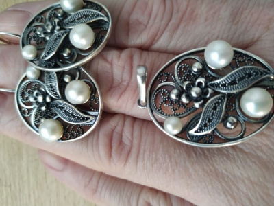 Подвеска серебро 925 пробы, покрытие - оксидирование, вставка - культивированный жемчуг