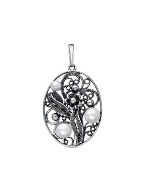 Подвеска бижутерия, покрытие - серебрение с оксидированием, вставка - культивированный жемчуг