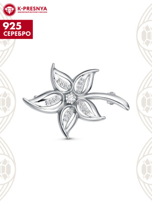 Брошь серебро 925 пробы, покрытие - родирование, вставка - фианит (недрагоценный камень)