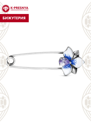 Брошь бижутерия, покрытие - серебрение с оксидированием, отделка - эмаль, вставка - фианит (недрагоценный камень)