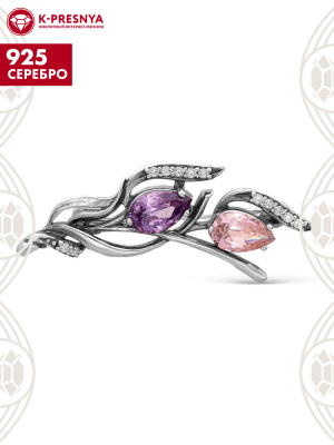 Брошь серебро 925 пробы, покрытие - оксидирование, вставка - фианит (недрагоценный камень)