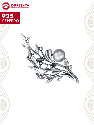 Брошь серебро 925 пробы, покрытие - оксидирование, отделка - алмазная грань, вставка - культивированный жемчуг