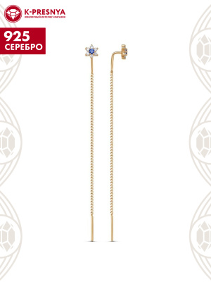Серьги серебро 925 пробы, покрытие - золочение, вставка - искусственная шпинель, фианит (недрагоценный камень)