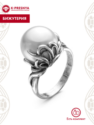 Кольцо бижутерия, покрытие - серебрение с оксидированием, вставка - имитация жемчуга