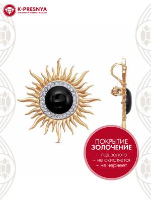 Брошь бижутерия, покрытие - золочение, выборочное родирование, вставка - искусственный агат черный, стекло ювелирное preciosa