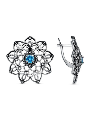 Серьги бижутерия, покрытие - серебрение с оксидированием, вставка - фианит (недрагоценный камень)