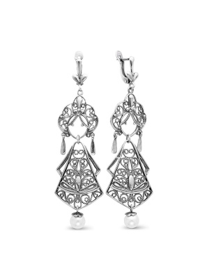 Серьги бижутерия, покрытие - серебрение с оксидированием, вставка - имитация жемчуга