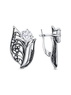 Серьги серебро 925 пробы, покрытие - оксидирование, вставка - фианит (недрагоценный камень)