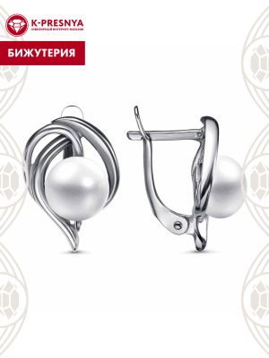Серьги бижутерия, покрытие - серебрение с оксидированием, вставка - культивированный жемчуг
