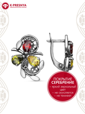 Серьги бижутерия, покрытие - серебрение с оксидированием, вставка - фианит (недрагоценный камень)