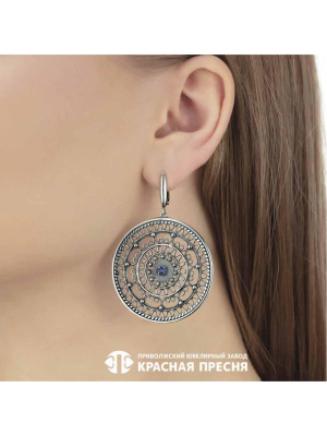 Серьги серебро 925 пробы, покрытие - оксидирование, вставка - искусственная шпинель