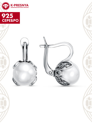 Серьги серебро 925 пробы, покрытие - оксидирование, вставка - имитация жемчуга