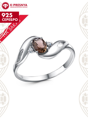 Кольцо серебро 925 пробы, покрытие - родирование, вставка - дымчатый кварц, фианит (недрагоценный камень)