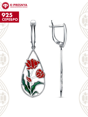 Серьги серебро 925 пробы, покрытие - родирование, отделка - эмаль, без вставок
