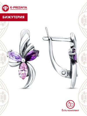 Серьги бижутерия, покрытие - серебрение с оксидированием, вставка - фианит (недрагоценный камень)