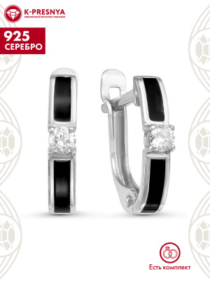 Серьги серебро 925 пробы, покрытие - родирование, отделка - эмаль, вставка - фианит (недрагоценный камень)