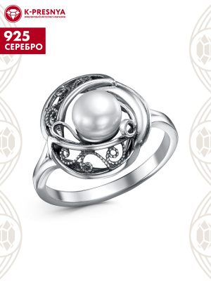 Кольцо серебро 925 пробы, покрытие - оксидирование, вставка - культивированный жемчуг
