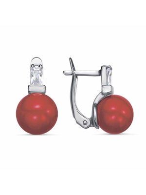 Серьги бижутерия, покрытие - платинирование, вставка - имитация жемчуга, фианит (недрагоценный камень)