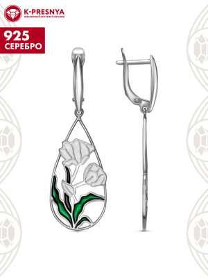 Серьги серебро 925 пробы, покрытие - родирование, отделка - эмаль, без вставок
