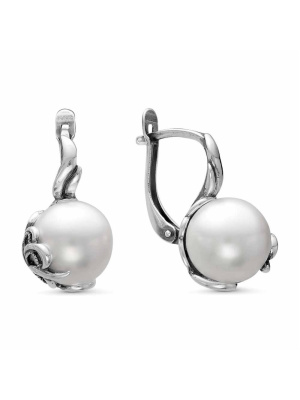 Серьги бижутерия, покрытие - серебрение с оксидированием, вставка - имитация жемчуга