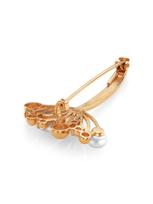 Брошь бижутерия, покрытие - золочение, вставка - культивированный жемчуг, фианит (недрагоценный камень)