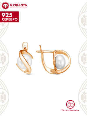 Серьги серебро 925 пробы, покрытие - золочение, вставка - культивированный жемчуг